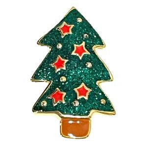 Christmas Tree Brooch Pin Enameled Gold Green 2.25" Sfjr Signed Steinmetz & Sons